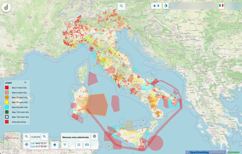 Mappa D-Flight dell’Italia con le zone colorate e la legenda ATM09 delle altezze massime