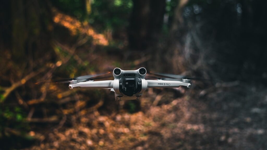 Drone in volo basso tra le foglie di un bosco